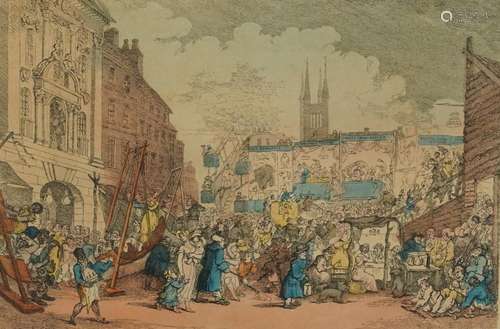 Antique Rowlandson coloured print Bartholomew Fair mounted i...