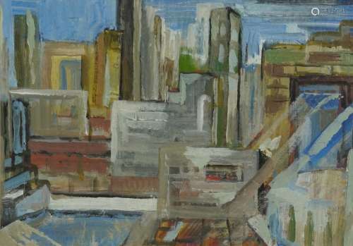 Abstract composition, cityscape, oil on card, mounted, frame...