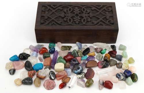Collection of rock minerals and specimens including rose qua...