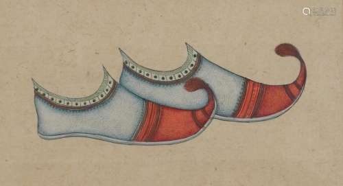 Pair of embroidered slippers, Indian Mughal school watercolo...