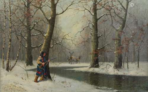 Manner of Louis Benton Akin - Winter landscape with hunter b...