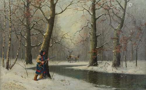 Manner of Louis Benton Akin - Winter landscape with hunter b...