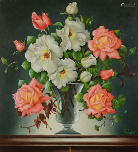 Eustace Liscard - Still life roses in a glass vase, oil on b...
