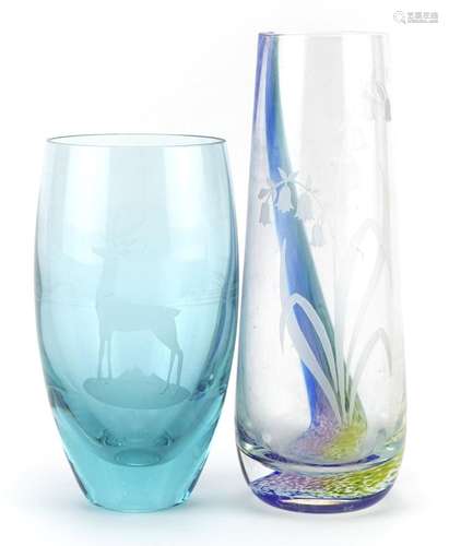 Etched harebell design glass vase with millefiori glass base...