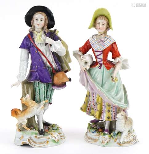 Pair German porcelain figures of a shepherd and shepherdess,...