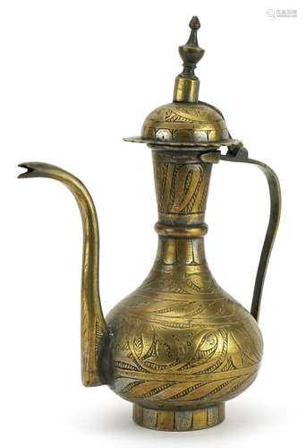 Turkish brass coffee pot engraved with flowers, 26.5cm high