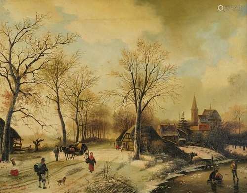 Dutch winter landscape with figures before a church, oil on ...