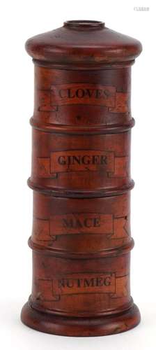 Four section treen spice tower with cloves, ginger, mace and...