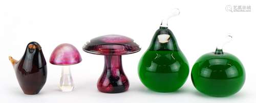 Three naturalistic paperweights including mushrooms, apple a...