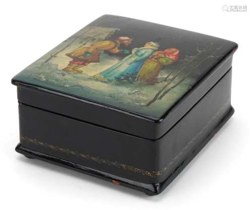 Russian papier mache lacquered box hand painted with figures...