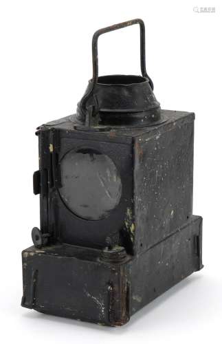 Vintage railway interest black enamel lantern with swing han...