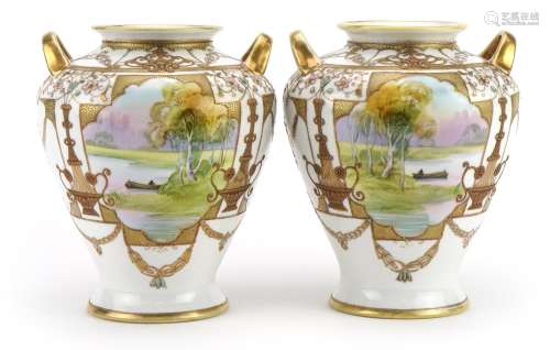 Pair of Noritake porcelain vases with twin handles hand pain...