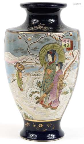 Japanese Satsuma pottery vase hand painted with figures in a...