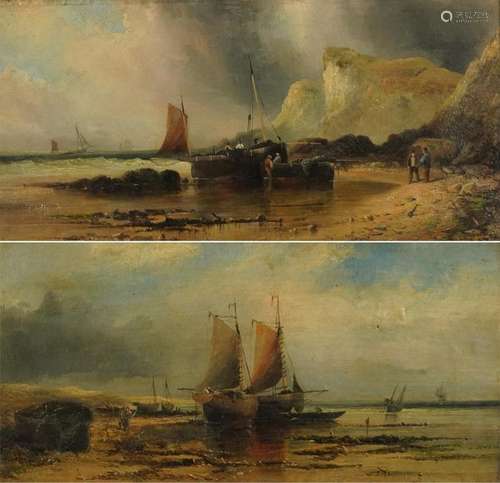 W Wall - Moored fishing boats with figures, pair of 19th cen...