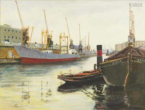 Ships and barges on a river, British school oil on board, in...