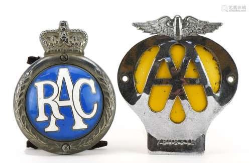 Motoring interest RAC enamel badge together with an AA chrom...