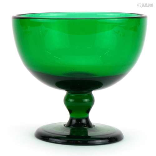 Antique pedestal green glass finger bowl, 4cm in diameter