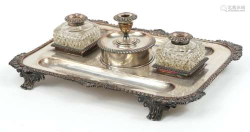 Victorian silver plated copper desk stand with pair of cut g...