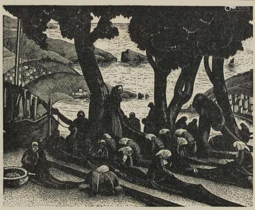 After Clare Leighton - The Net Menders, wood engraving, insc...