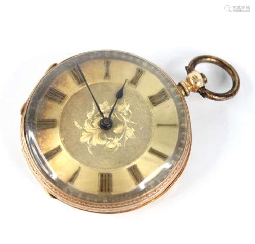 A 14ct gold open face fob watch, the circular engine turned ...