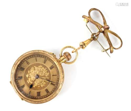 A ladys 18ct gold open face fob watch, the circular engine t...