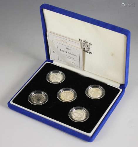 A Royal Mint cased set of five silver proof �1 coins, includ...