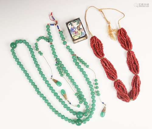 A Chinese jade coloured glass bead necklace, designed as a s...