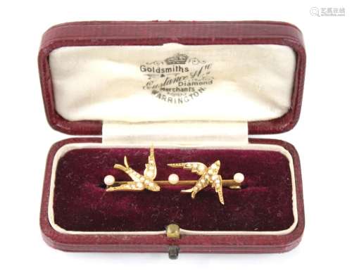 A Victorian pearl set swallow brooch, designed as two swallo...