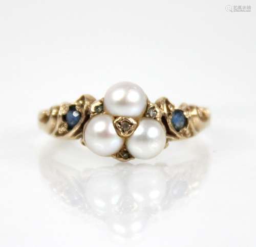 A Victorian style pearl, diamond and sapphire 9ct gold ring,...