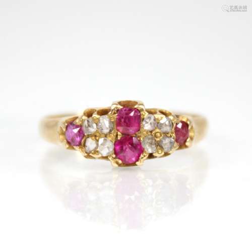 A Victorian ruby and diamond 18ct gold ring, the lozenge sha...