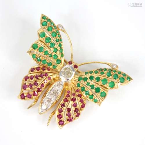 A diamond, ruby and emerald set butterfly brooch, the body s...