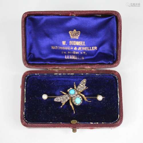 A Victorian diamond, turquoise, opal and pearl bee brooch, t...