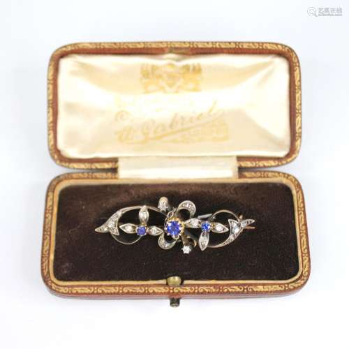 A Victorian sapphire and diamond floral bar brooch, comprisi...