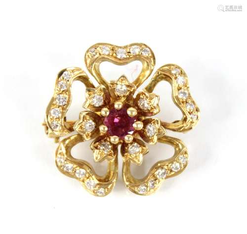 A ruby and diamond 18ct gold floral brooch by Cropp & Fa...