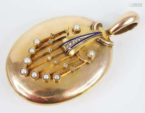 A Victorian pearl, diamond and enamel gold coloured locket p...