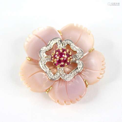 A ruby, diamond and pink shell 18ct gold pendant brooch, des...