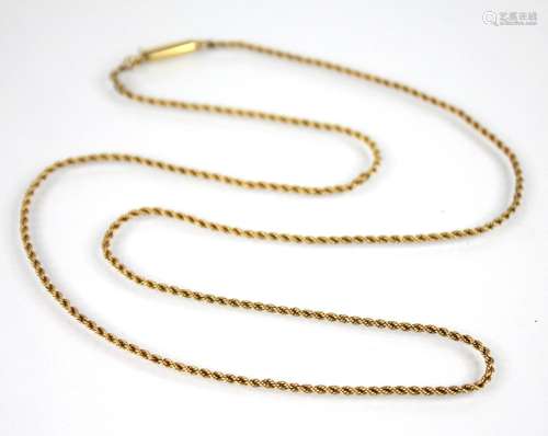 An early 20th century gold coloured rope twist chain, tongue...