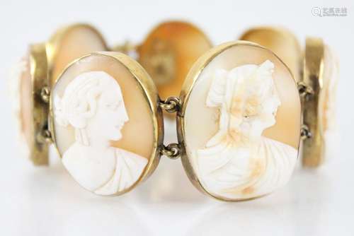 A Victorian carved shell cameo bracelet, comprising seven ov...