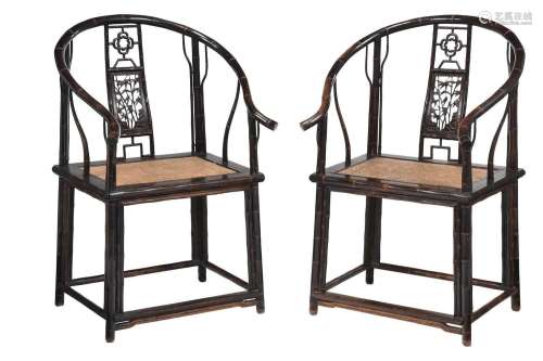 Fine Pair Chinese Carved Zitan and Caned Horseshoe Back Chai...