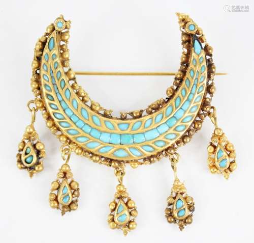 An Indian turquoise set crescent brooch, the gold coloured (...