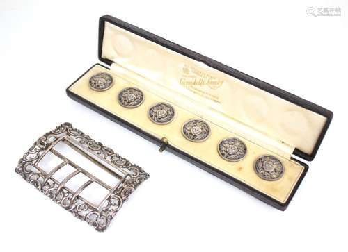 A cased set of six Art Nouveau silver dress buttons, William...