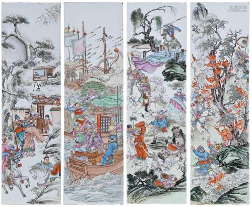 Four Chinese Porcelain Plaques with Battle Scenes