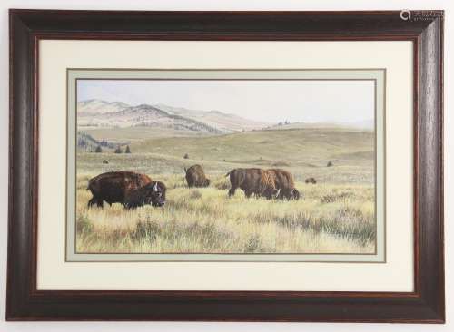 Alan M Hunt (British, b.1947), American bison on the plains,...