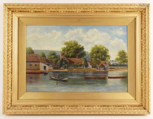 English school (20th century), A river scene with figure in ...