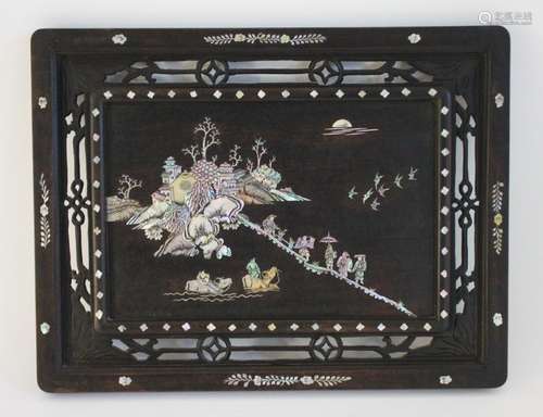 A Chinese mother of pearl inlaid panel, circa 1900, of recta...