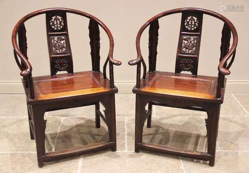 A pair of Chinese stained elm altar chairs, 20th century, ea...