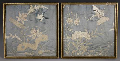 A pair of Chinese silk embroidered panels, late 19th century...