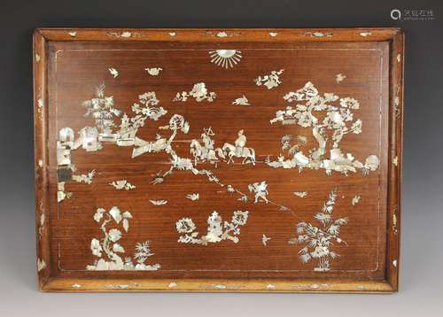 A Chinese mother of pearl inlaid wooden tray, circa 1900, th...