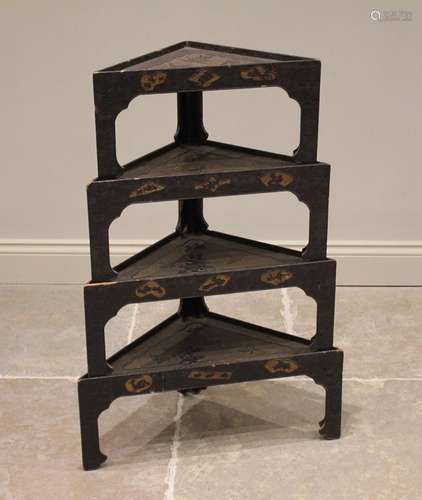 A Japanese black lacquer freestanding corner shelf, Meiji pe...