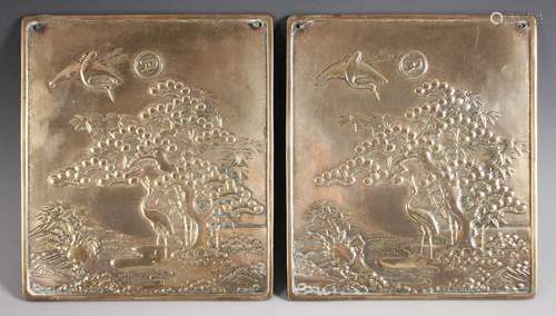 A pair of Japanese polished bronze plaques, Meiji Period (18...